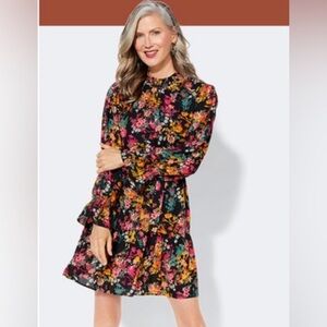 79 Ophelia Roe Black Floral Long Sleeve Dress S | Smocked Waist Tie Fall Boho